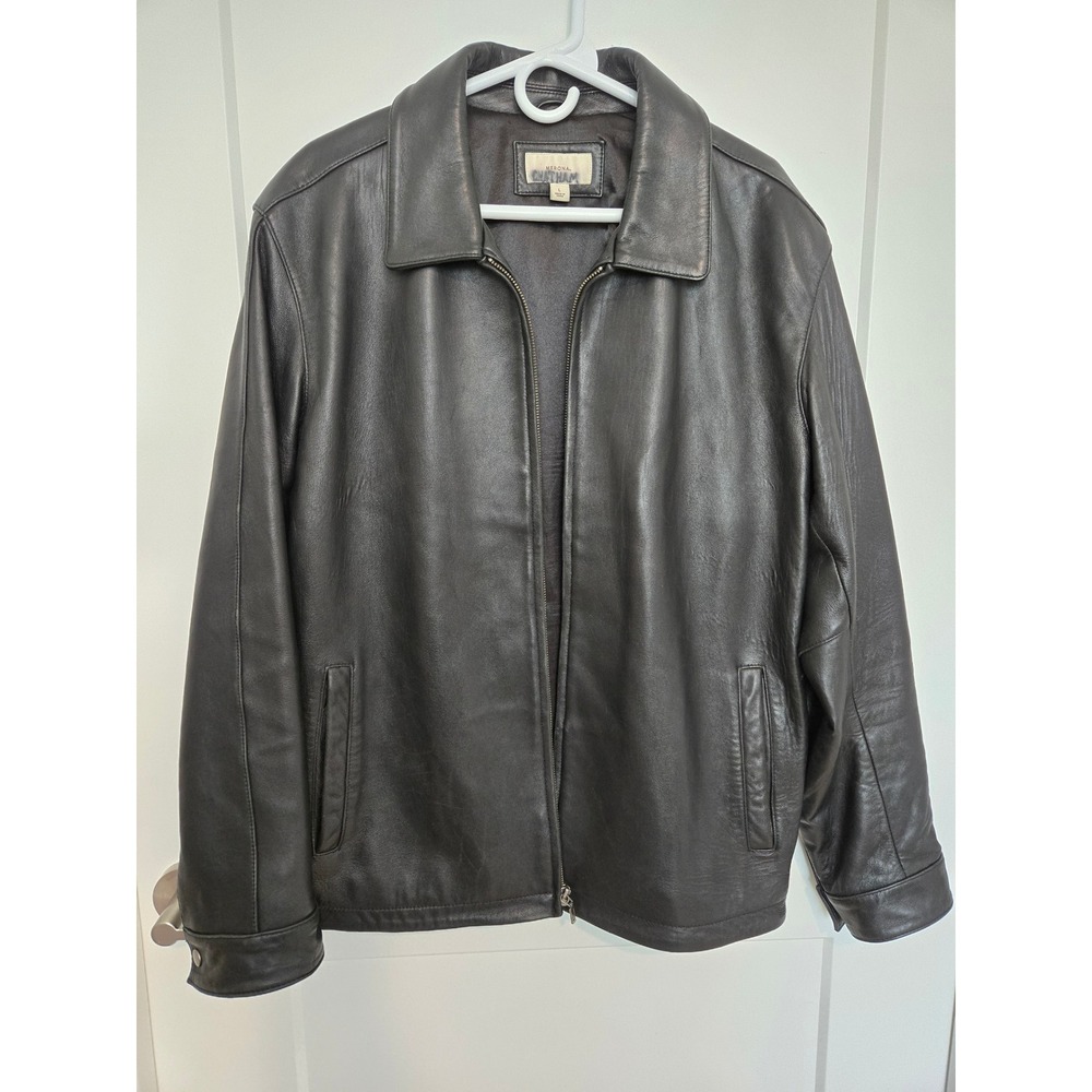 Merona Chatham Mens Black Leather Jacket Full Zip Harrington Coat Large